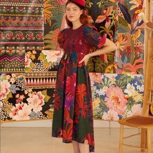 FARM Rio bird flowers puff sleeve midi